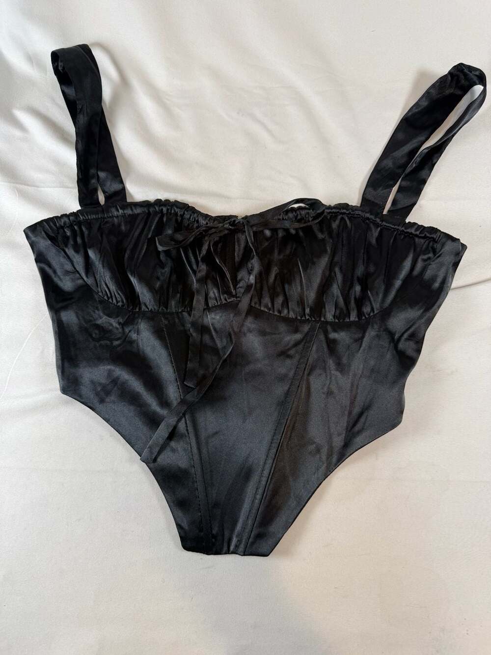 Tic Toc Womens Satin Corset Top Size S Black Tie Strap Boned Coquette Whimsigoth